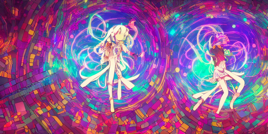 Prompt: Dreamy psychedelic anime, extremely colorful, geometric, Madoka witch labyrinth, patchwork, photoshop, HDR, 4k, 8k