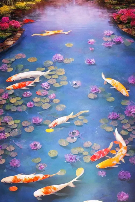 Prompt: nenufar in a pond surrounded by koi carp, colorful, blue backgroung,clean, joyful, intricate, elegant, volumetric lighting, scenery, digital painting, highly detailed, artstation, sharp focus, illustration, concept art, ruan jia, steve mccurry