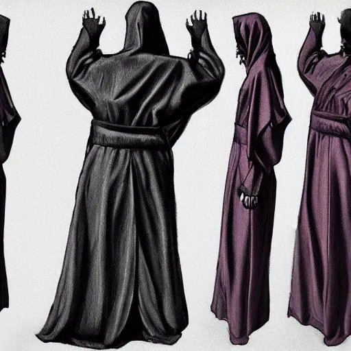 Prompt: Cultist trying on robes that are too small, photorealistic, hyper realism, trending on art station