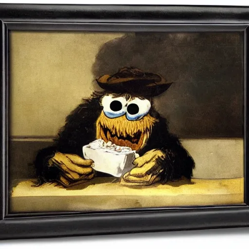 Prompt: cookie monster devouring his cookies, by francisco goya