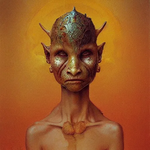 Prompt: portrait of ethereal young cute funny goblin warrior-princess in golden armour by Beksinski