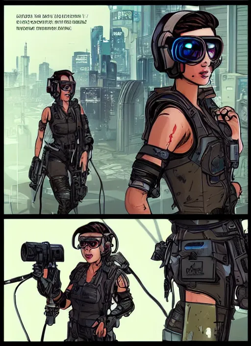 Image similar to Beautiful Maria. Gorgeous female cyberpunk mercenary wearing a cyberpunk headset, military vest, and jumpsuit. gorgeous face. Concept art by James Gurney and Laurie Greasley. Moody Industrial skyline. ArtstationHQ. Creative character design for cyberpunk 2077.