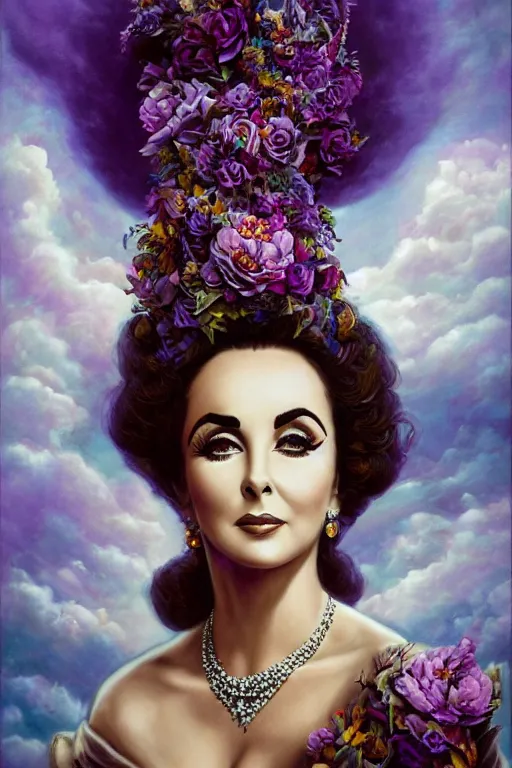 Image similar to center portrait fine art photo of the beauty elizabeth taylor, dramatic pose she has a crown of stunning flowers and dress of purple satin and gemstones, symmetrical realistic eyes, background full of stormy clouds, by peter mohrbacher