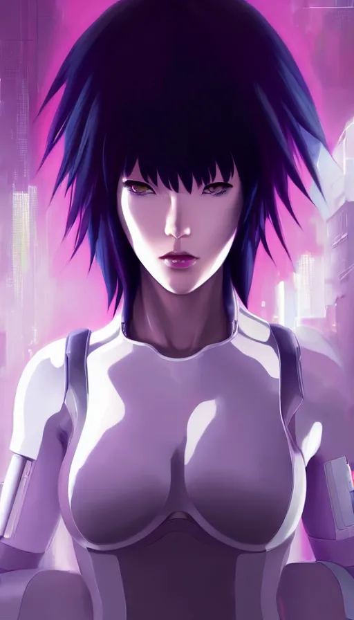 Image similar to a still fullbody portrait of motoko kusanagi ghost in the shell, finely detailed features, closeup at the faces, perfect art, at a cyberpunk city, gapmoe yandere grimdark, trending on pixiv fanbox, by ilya kuvshinov, rossdraws, artgerm