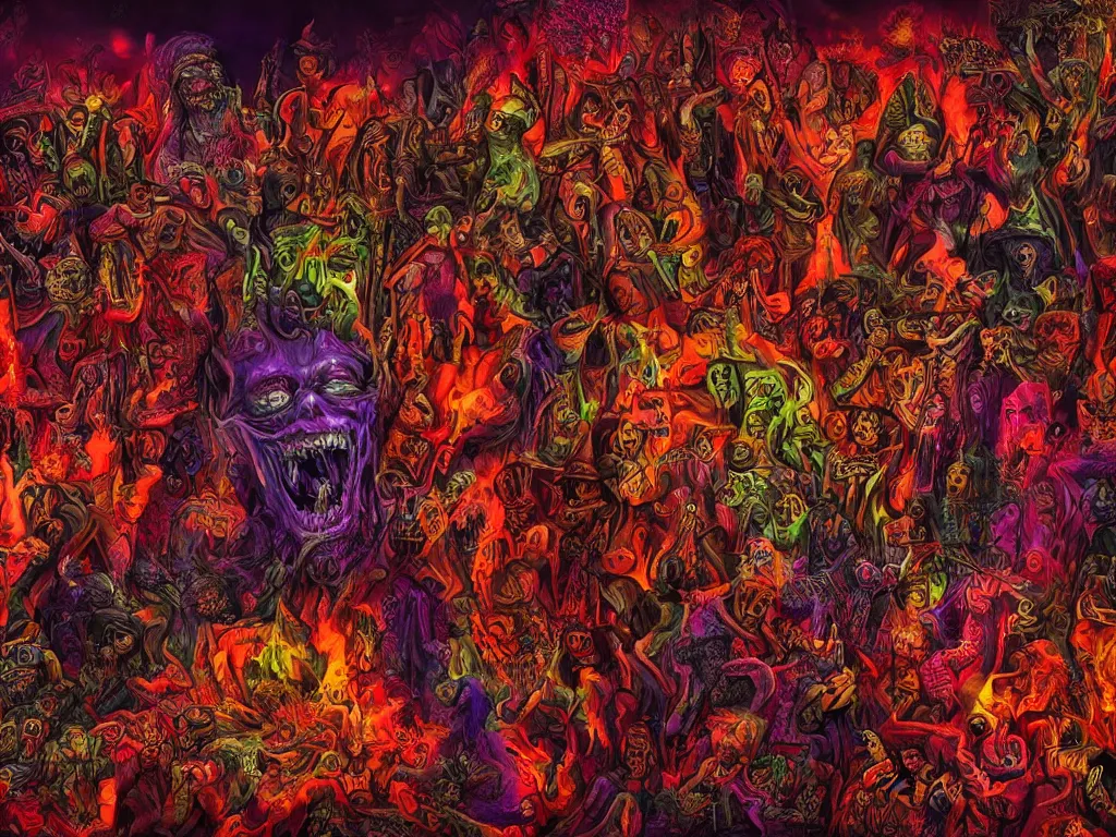 Image similar to a psychedelic tour through the hell filled with demons, dark colours, patterns, highly realistic, 4 k, 8 k, scary