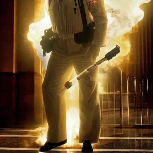 Prompt: stunning awe inspiring donald trump as a ghostbuster, movie still 8 k hdr atmospheric lighting