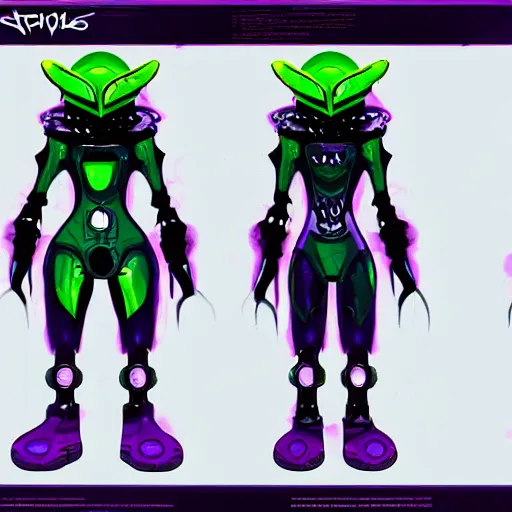 Prompt: official character sheets for a new vampire squid casual mech suit, window showing characters face, art by tim schafer black velvetopia art for psychonauts from double fine studios, art by splatoon from nintendo, black light rave, bright neon colors, spray paint, punk, tall thin build, adult character, fully clothed, colorful