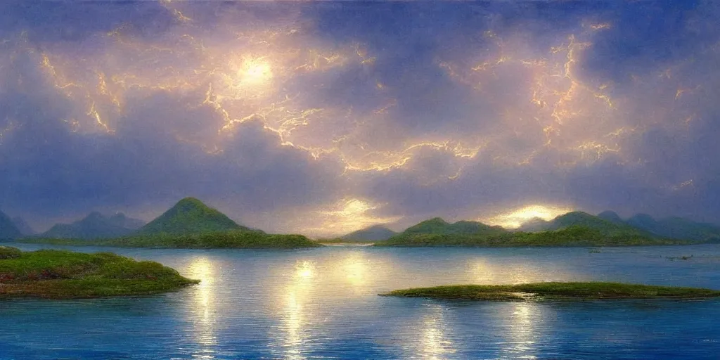 Image similar to a beautiful painting of a A paradisiacal landscape of a sea lagoon surrounded by islands, a fantastic city built on water, rays of light illuminating the water by John Howe, Trending on Artstation, Landscape vista photography,16K resolution, Landscape 35mm veduta photo,8k resolution, detailed landscape painting by , DeviantArt, Flickr, rendered in Enscape, Ultrafine Details, Reimagined By Industrial Light And Magic, highly detailed, octane render, epic and breathtaking composition, Marc Simonetti and Jim Burns landscape, #vfxfriday, 4k resolution post-processing, Global Illumination