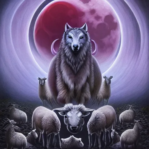 Prompt: a wolf with 2 sheep meditating in a zen garden with a waterfall under the blood moon, by Adi granov and afarin sajedi and amanda sage and evgeni gordiets and Agostino Arrivabene and adonna khare in a psychedelic portrait style, ultrarealistic matte painting, volumetric lighting, fractal, extremely symmetrical, highly detailed face, orisha, 8k, hd