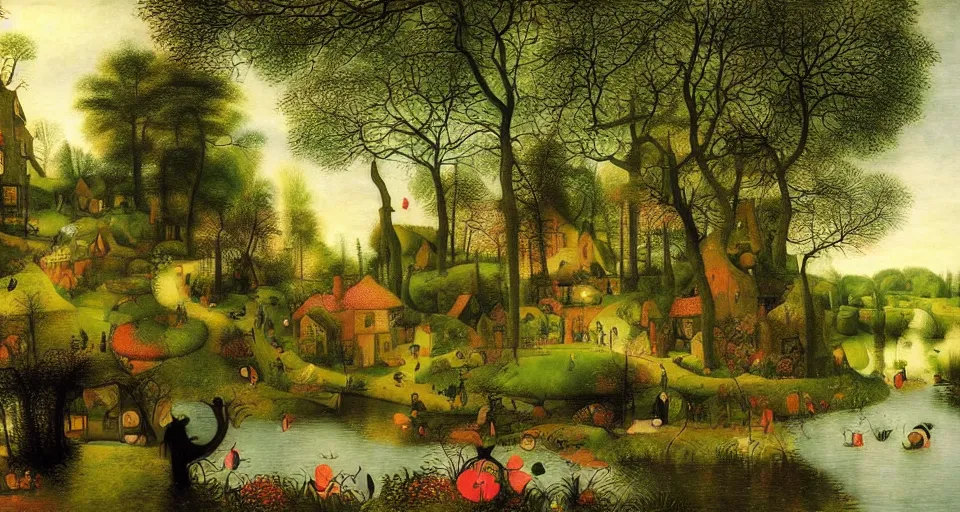 Image similar to a beautiful fairyland with a pond, ambient lighting, fantasy art, pieter brueghel, martin johnson heade style art