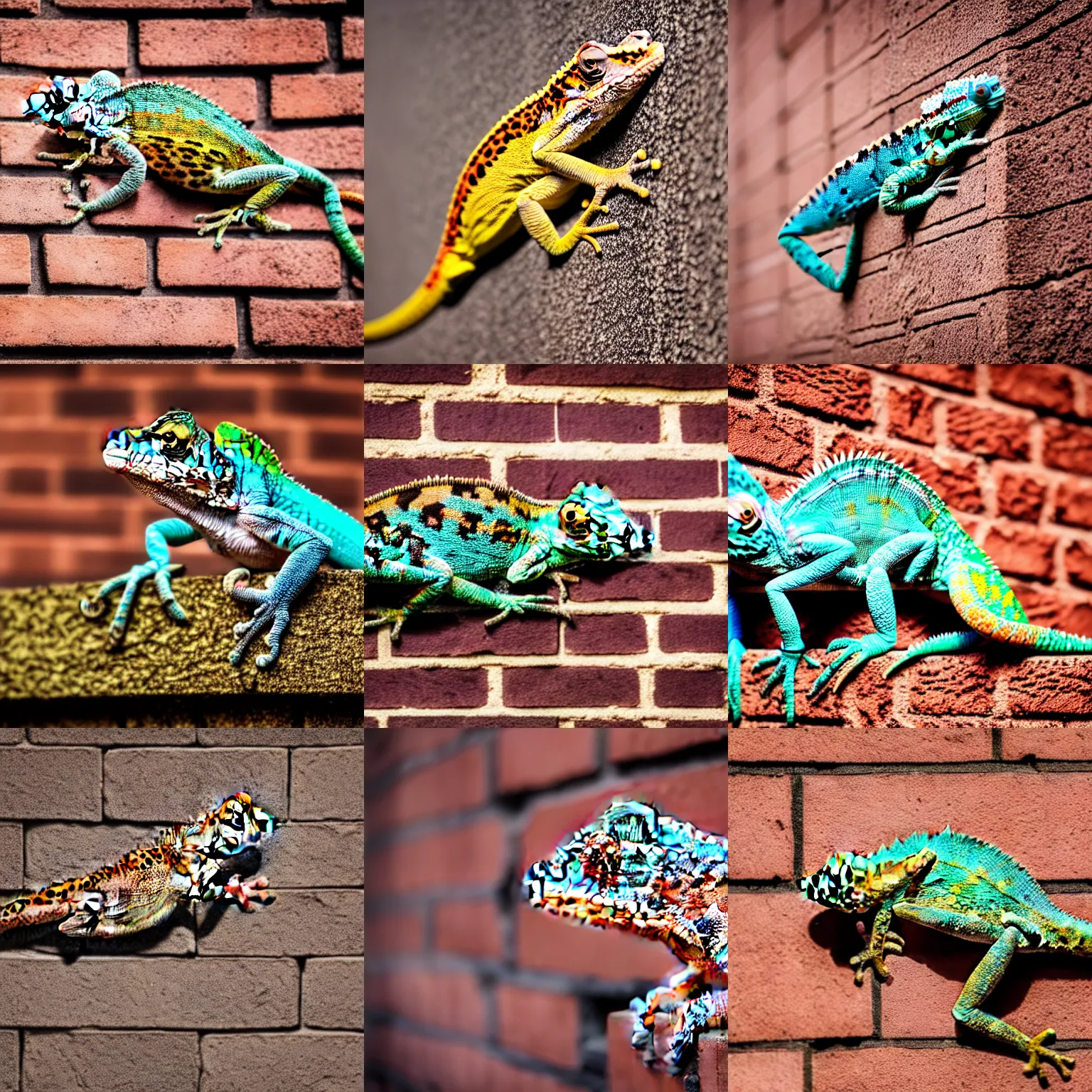 Prompt: a chameleon with leopard fur sitting on a brick wall, highly detailed, 8K, supersharp photo, depth of focus, full body, unusual photo angle