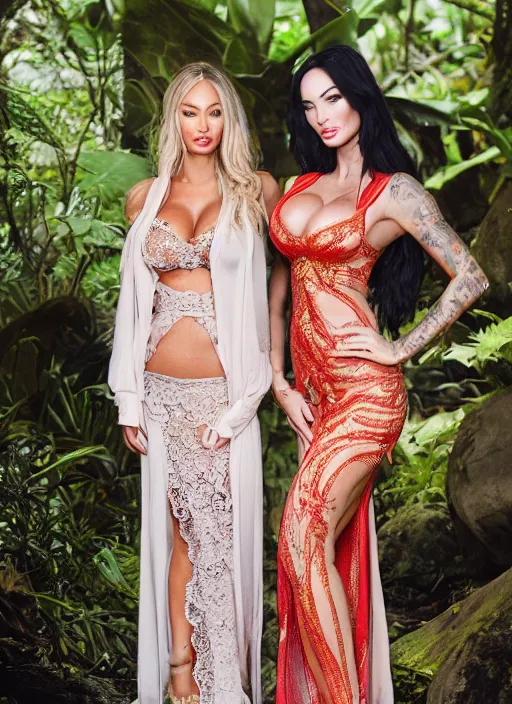 Prompt: portrait of lindsey pelas and megan fox wearing kebaya in bali, by charlotte grimm, natural light, detailed face, canon eos c 3 0 0, ƒ 1. 8, 3 5 mm, 8 k, medium - format print, half body shot