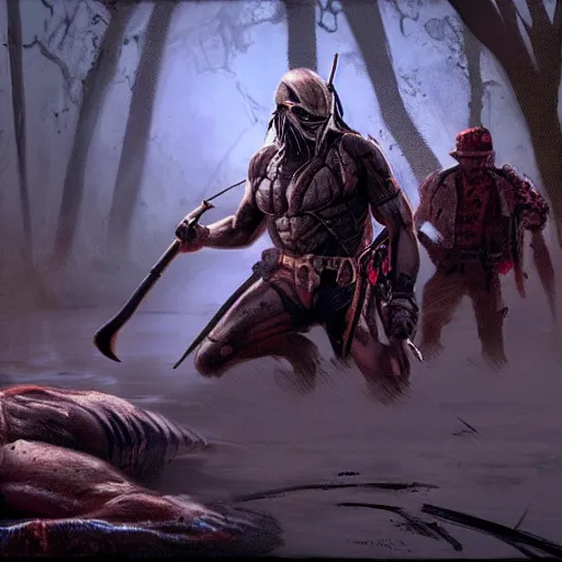 Image similar to the predator hunting a cowboy in the Louisiana bayou at night, video game concept art