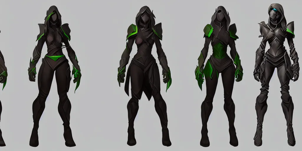Image similar to three different views of a rogue armor set for dota 2, concept art by senior character artist, trending on artstation, artstation hd, full body