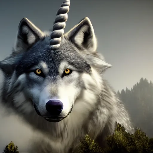Image similar to a giant grey wolf with a white main and two unicorn horns on its head, a white star shape on his four head, yellow eyes, beautiful, ultra realistic, great wolf, unreal engine 5, dynamic lighting, highly detailed, lightning around