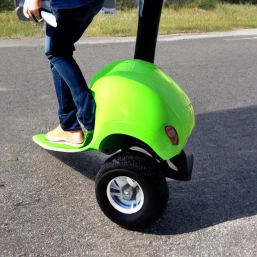 Prompt: a teenager riding a lime scooter using a cooler as a seat