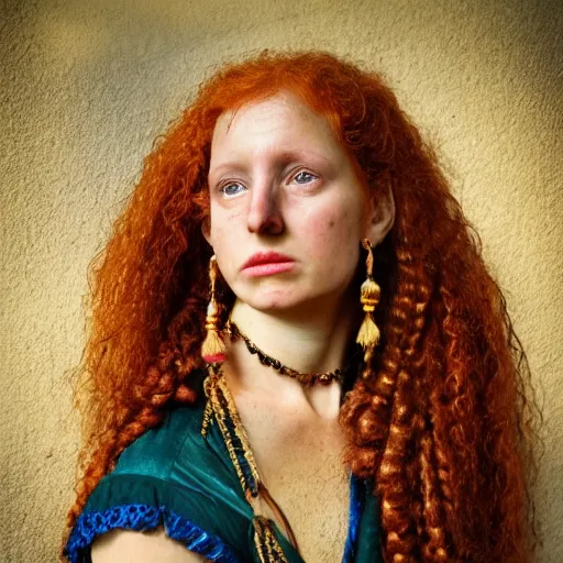 Image similar to 'https://i.pinimg.com/originals/8b/2b/3c/8b2b3c1c42721b1a61d595f3da14daf5.jpg' 15th Century Barbary Coast pirate Woman with Ginger hair and Golden hooped earrings photography by Steve McCurry