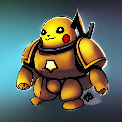 Image similar to pikachu in space marine power armor from warhammer 4 0 k, dynamic lighting, ambient lighting, deviantart