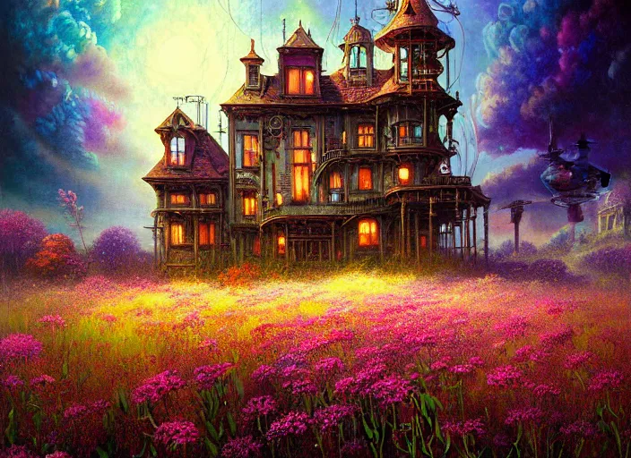 Prompt: a beautiful painting of a large steampunk house shrouded by mystic nebula magic in a field of flowers by moebius and android jones, oil on canvas sharp, details, hyper - detailed, hd, hdr, 4 k, 8 k