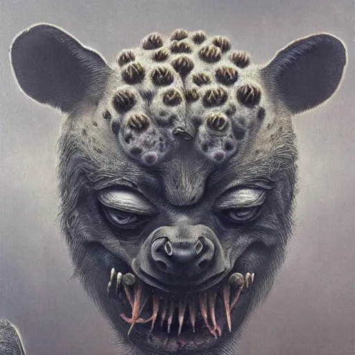 Prompt: horrific grotesque spider and hyena hybrid, beksinski style painting, highly detailed