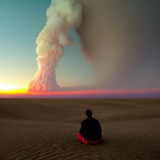 Prompt: guy sitting on the desert sand watching a nuclear explosion go off on the horizon, foggy