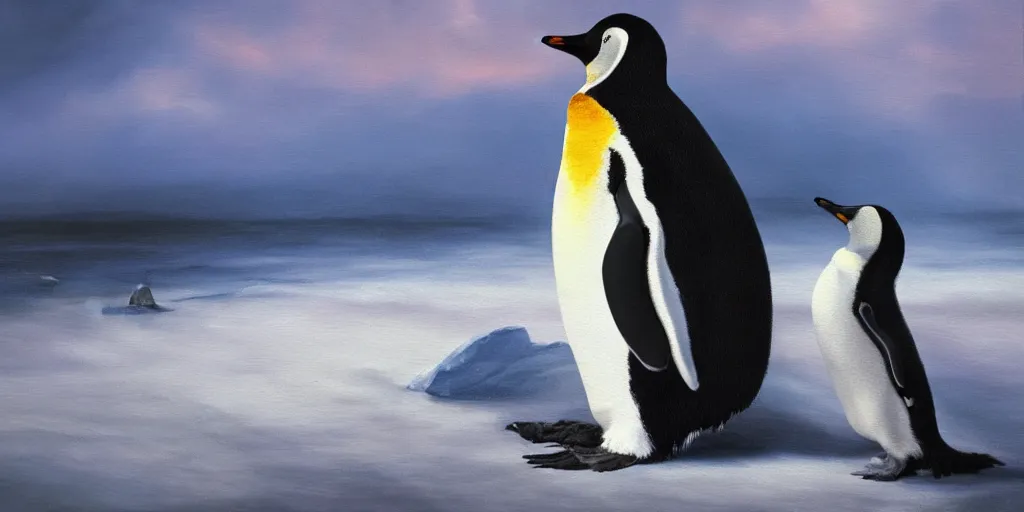 Image similar to a penguin realizing his mortality, cinematic lighting, detailed oil painting, hyperrealistic, 8k