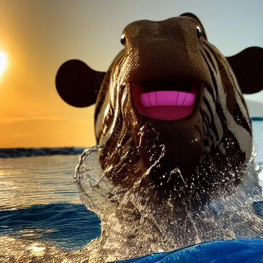 Image similar to a closeup photorealistic photograph of a cute smiling knitted tiger hippopotamus splashing towards a beachball at sunset. surf in background. professional capture. brightly lit scene. this 4 k hd image is trending on artstation, featured on behance, well - rendered, extra crisp, features intricate detail, epic composition and the style of unreal engine.