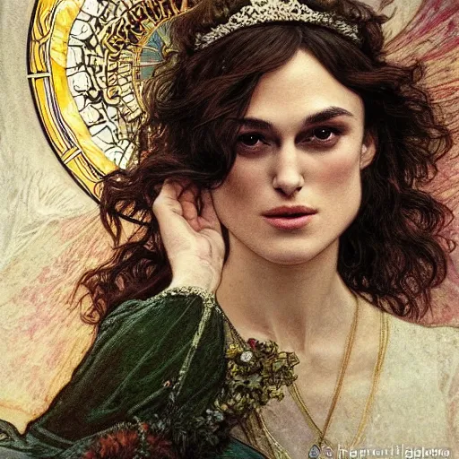 Image similar to keira knightley portrait by louis - theophile hingre and alphonse mucha, realistic, sharp focus, zodiac signs, tarot cards, planets, ethereal, art nouveau, magic, moon, sun, crown, dreamy, royal, jewellery