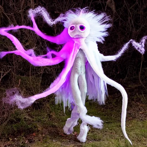 Image similar to ethereal ghostly live action muppet wraith like figure with a parasitic squid head with two large fuzzy moth antennae, four long tentacles for arms that flow gracefully at its sides, with a long fuzzy snake tail instead of legs, it stalks around the frozen tundra searching for lost souls and that hide in the shadows in the trees, this character uses hydrokinesis and electrokinesis, it is a real muppet by sesame street, photo realistic, real, realistic, felt, stopmotion, photography, sesame street