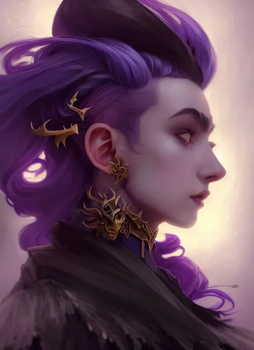 Image similar to side portrait Super Mario as dark witch, adventurer outfit large cloak, fantasy forest landscape, dragon scales, fantasy magic, undercut hairstyle, short purple black fade hair, dark light night, intricate, elegant, sharp focus, illustration, highly detailed, digital painting, concept art, matte, art by WLOP and Artgerm and Greg Rutkowski and Alphonse Mucha, masterpiece