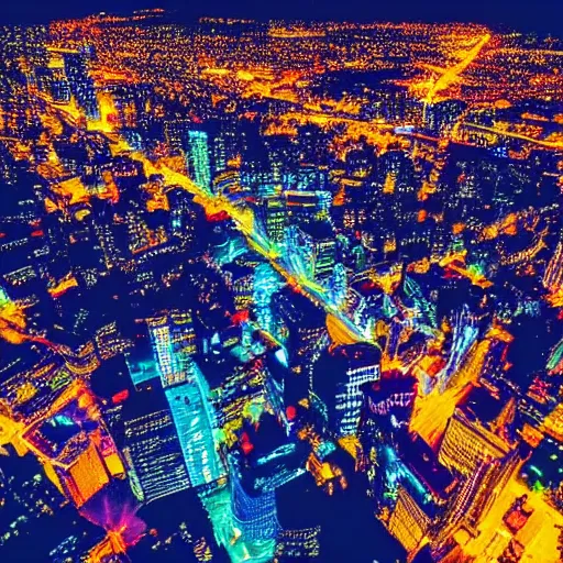 Image similar to an aerial view of a city at night, photo by lisa frank, instagram contest winner, maximalism, glowing lights, vivid colors, circuitry