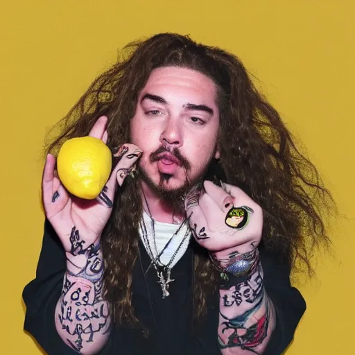 Image similar to post malone, with a lemon for a face, portrait photo