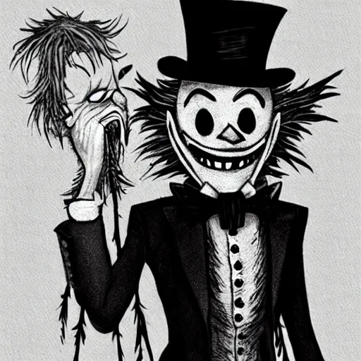 Image similar to a Pop Wonder scary horror themed goofy-hilarious-character Jack-Frost-Babadook-scarecrow-madhatter-williewonka-wearing a scarf, 3-piece-suit, dime-store-comic drawn with charcoal and pen and ink, half-tone-line-stacking