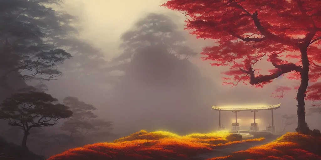 Image similar to foggy japanese shrine!!! a highly detailed cinematic oil painting by roger dean and alena aenami, dynamic lighting