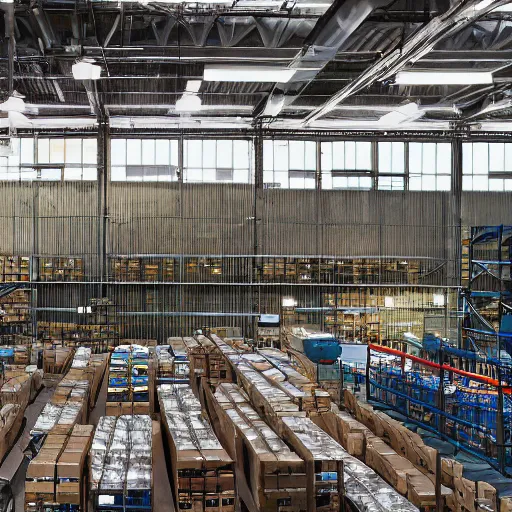 Image similar to professional photograph of industrial warehouse with bright overhead lights, and a forest growing inside of it