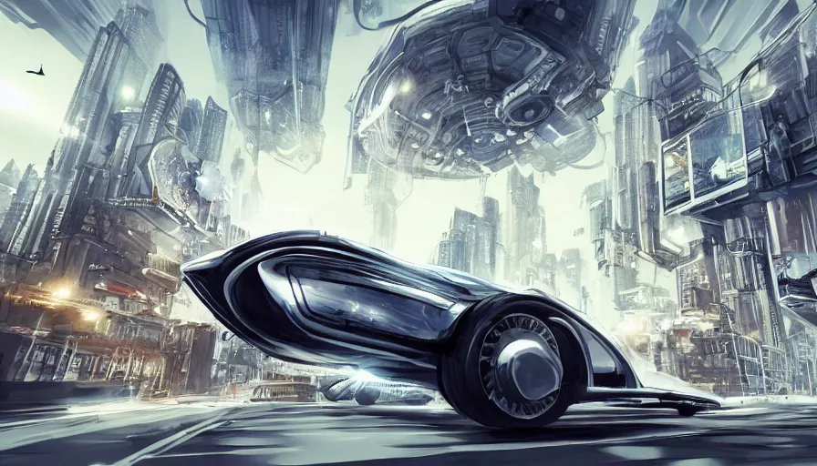 Prompt: Oldtimer Car flying through a futuristic city, action shot, concept art, highly detailed