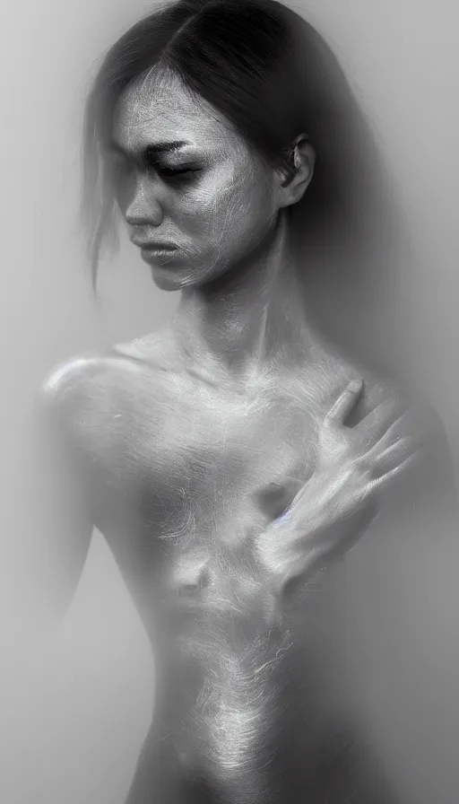 Image similar to FujiFilm X-T3 + XF50-140mm f/1.4 photograph of Arca emerging from fog, Arca mechanical limbs, Arca opal flesh, Arca face portrait with translucent aerogel skin