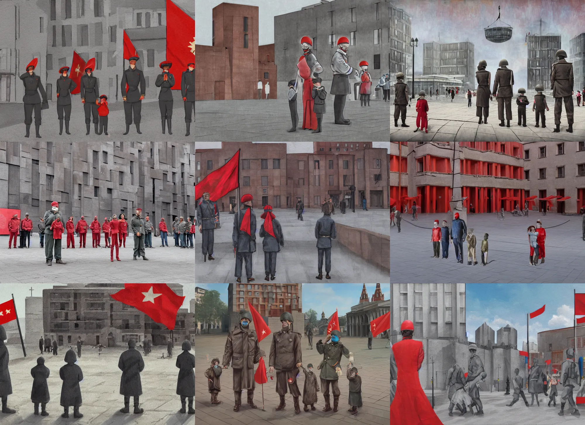 Prompt: a family stands blindfolded in town square, soviet soldiers behind them watch, red flags, brutalist buildings artwork by rutowski, 4 k, masterpiece