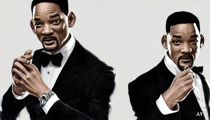 Prompt: will smith is james bond in suit and tie, white background, hyperdetailed, artstation, cgsociety, 8 k