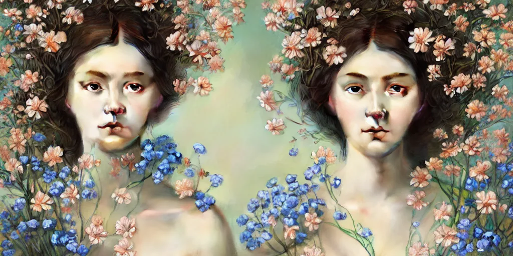 Image similar to breathtaking detailed concept art painting portrait of the goddess of nemophila flowers, orthodox saint, with anxious piercing eyes, ornate background, amalgamation of leaves and flowers, by hsiao - ron cheng, extremely moody lighting, 8 k