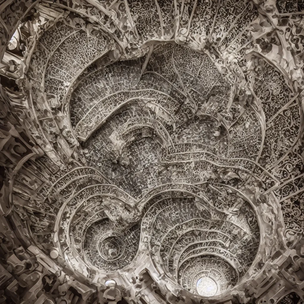 Image similar to grand spiral stairscase going down deep in a hole, by etienne - louis boullee and gaudi, leica, high quality, high detailed