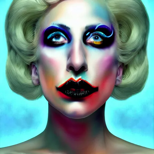 Image similar to an extremely psychedelic portrait of lady gaga as marilyn manson, surreal, lsd, face, detailed, intricate, elegant, lithe, highly detailed, digital painting, artstation, concept art, smooth, sharp focus, illustration,