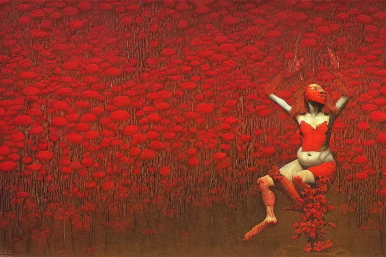 Image similar to only with red, red flowers of different types, a red tiger, a castle in the background, medieval demons dance over the flowers, an ancient path, in the style of beksinski, part by hopper, part by rodcenko, part by hofbauer, intricate composition, red by caravaggio, insanely quality, highly detailed, masterpiece, red light, artstation