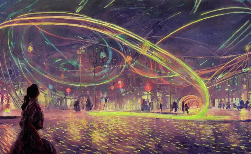 Prompt: people with posters and a huge spiral - shaped white luminous attractor is floating on the horizon near chinese street, concept art, art for the game, professional lighting, by henri matisse