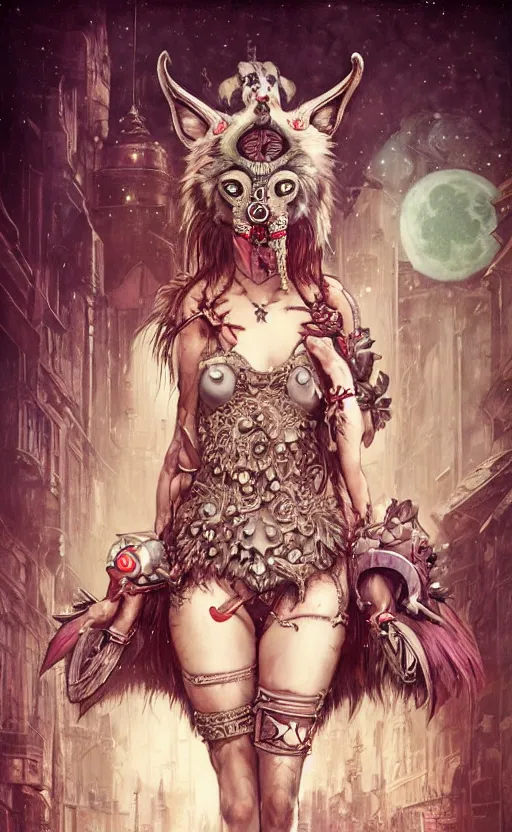 Image similar to hyper realistic Princess Mononoke, ornate mask magic, wet market street, cyberpunk metropolis, city landscape, jewels, full body pose, full moon, wolf by her side, style of tom bagshaw, mucha, james gurney, norman rockwell, denoised, sharp