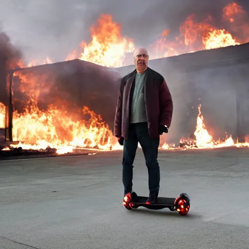 Prompt: Photo of Walter White standing on a hoverboard with several burning buildings behind him, centered, cinematic lighting, highly detailed, 8k