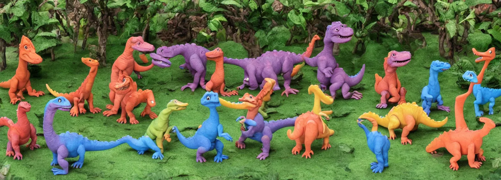 Prompt: small group of claymation dinosaurs drinking cocktails in the garden of eden