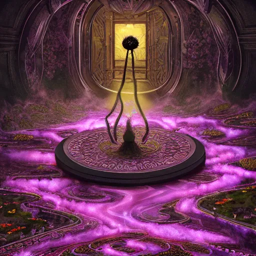 Prompt: a detailed picture of the elevator to hell surrounded by a field of black lotus flowers with petals in a fibonacci sequence, in the style of magic the gathering, highly detailed, digital painting, god rays, volumetric lighting, octane render, 4 k resolution, art by adam paquette and johann bodin and jason rainville
