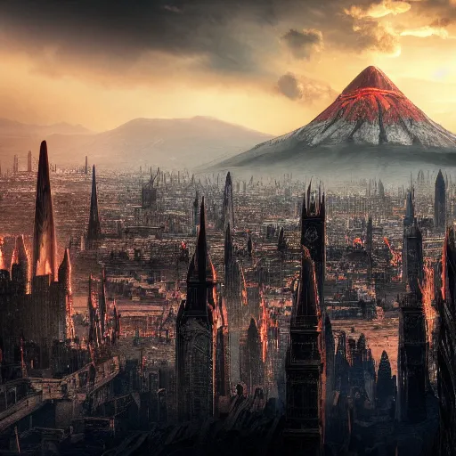 Prompt: mordor as a bustling city, highly detailed, sharp focus, skyline, vast, gothic, lord of the rings, mount doom, 4 k, fantasy