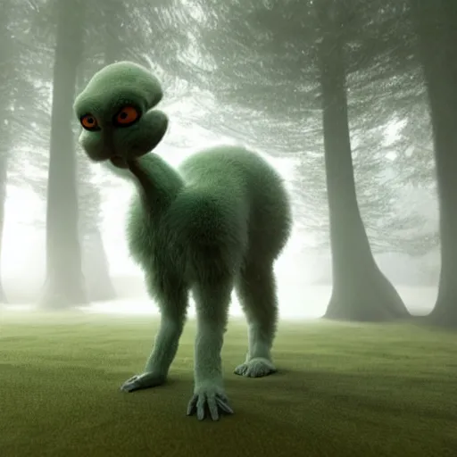 Prompt: a furry alien creature in a misty forest, 3 d, highly detailed